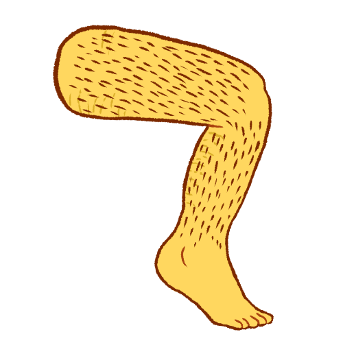 an emoji yellow right leg, which is bent at the knee. it has stretch marks and dark brown leg hair